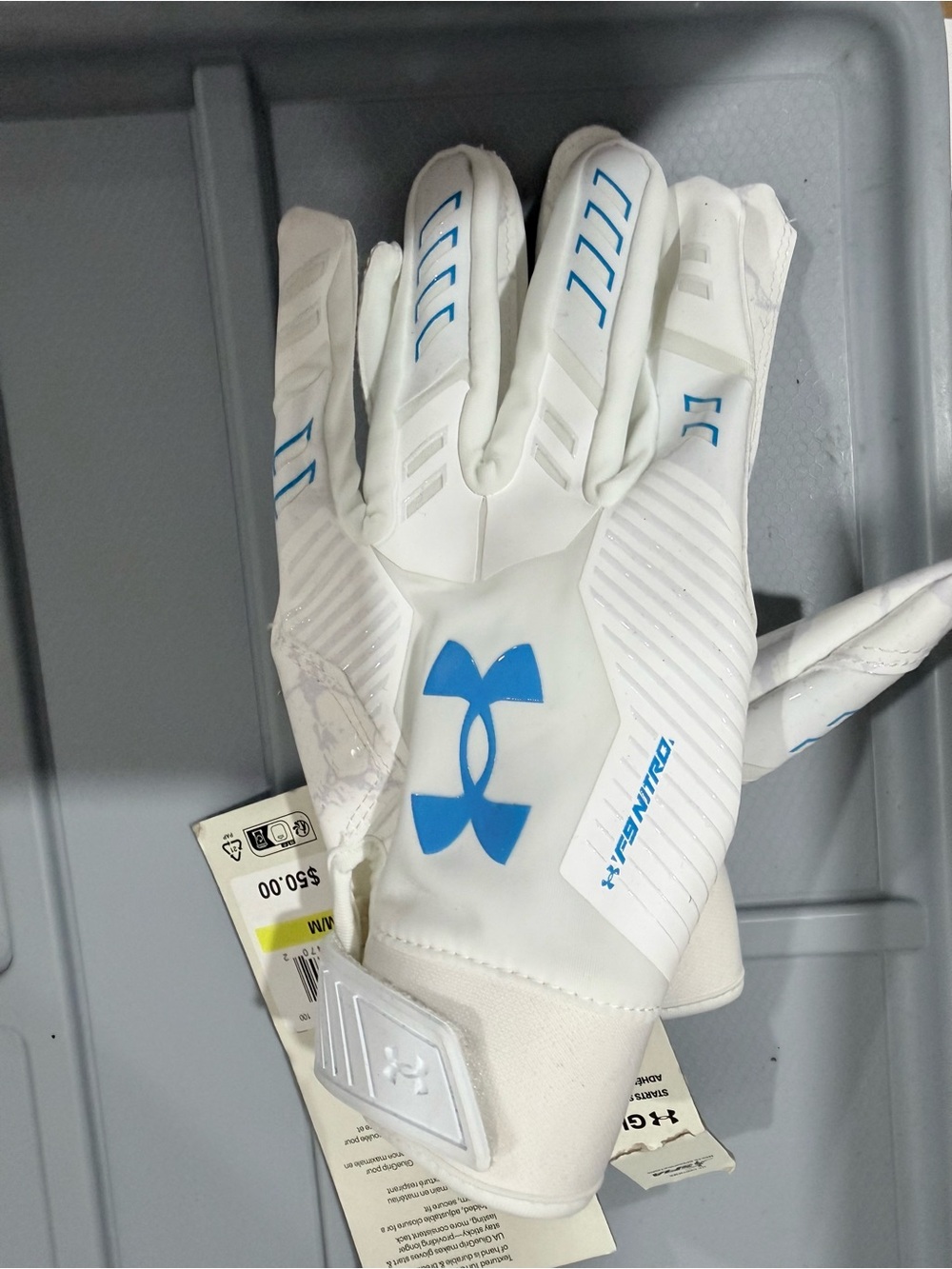 Under Armour White and Blue Player Football Gloves